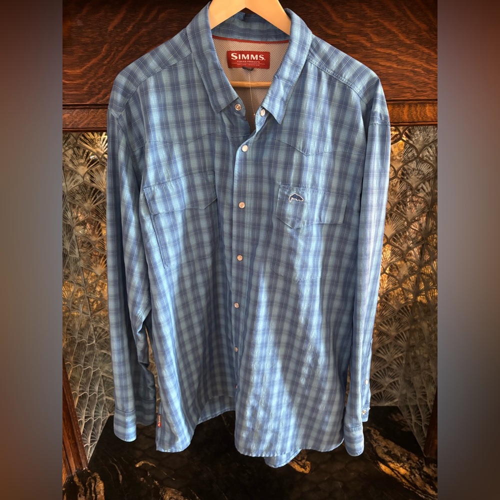 Simms Light Blue Checkered Button Down Shirt XXL - image 1